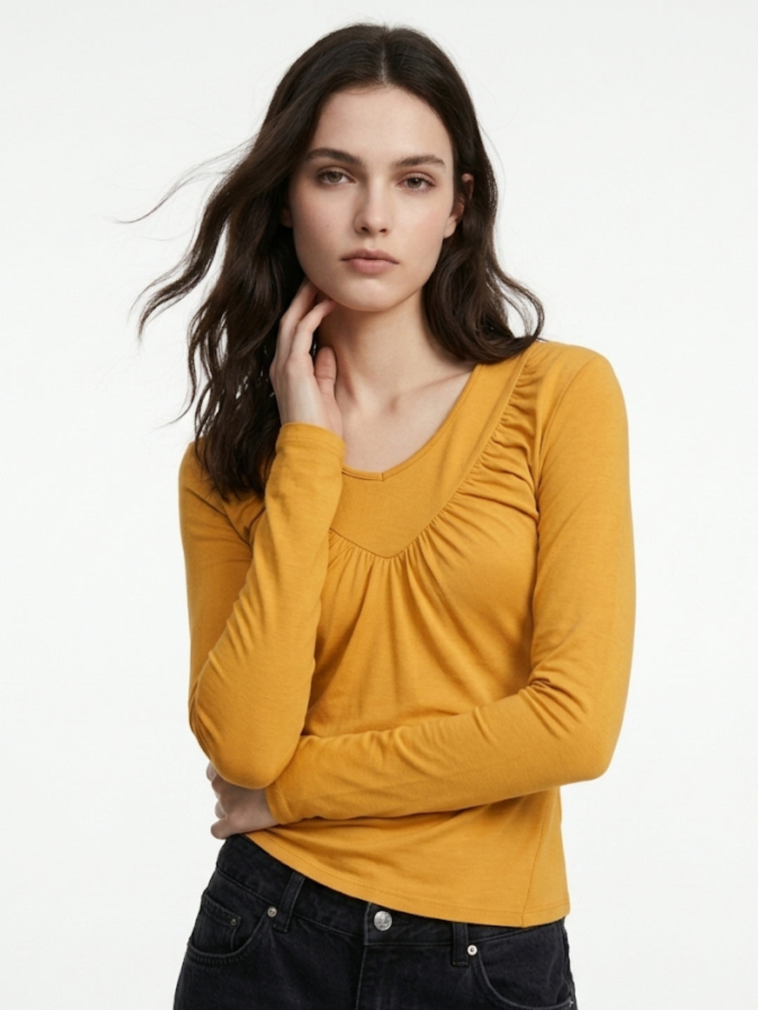 Yellow Full Sleeve Front Gathered Top