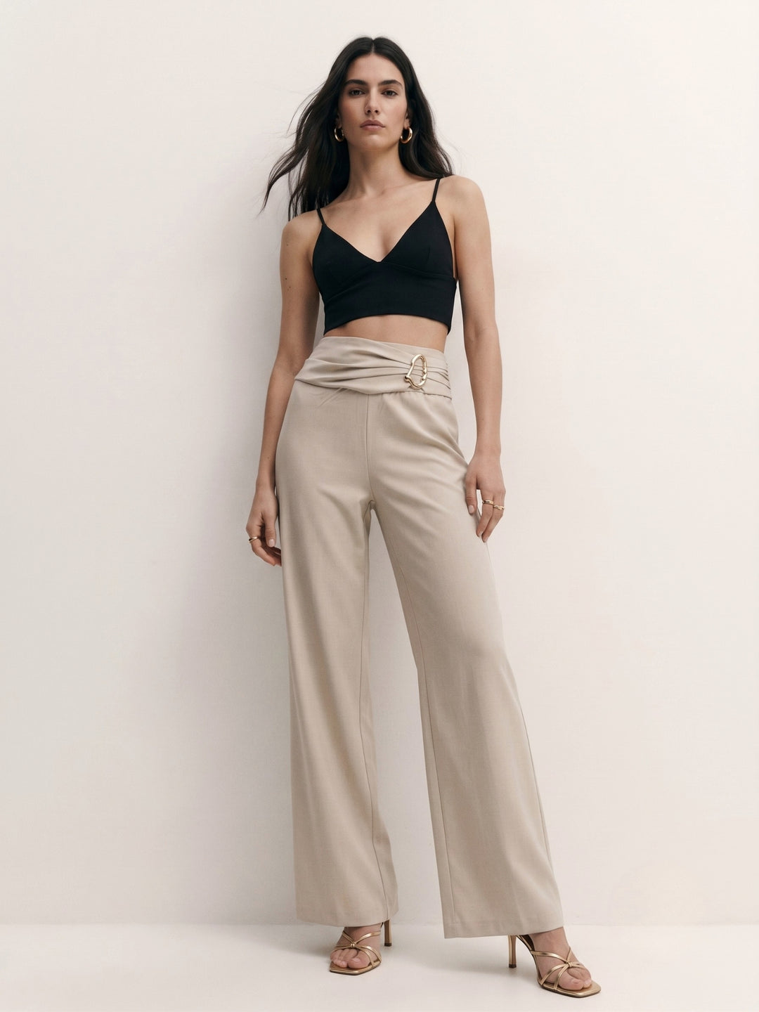Cream Criss Cross Waist Band Trousers With Metal Buckle Detail