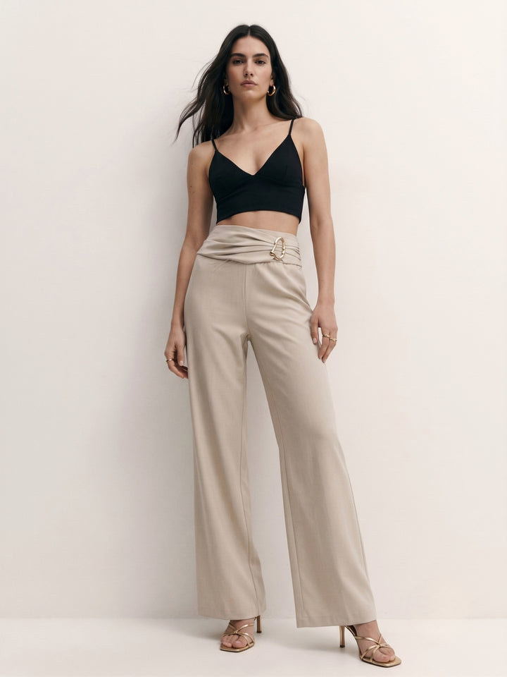 Cream Criss Cross Waist Band Trousers With Metal Buckle Detail