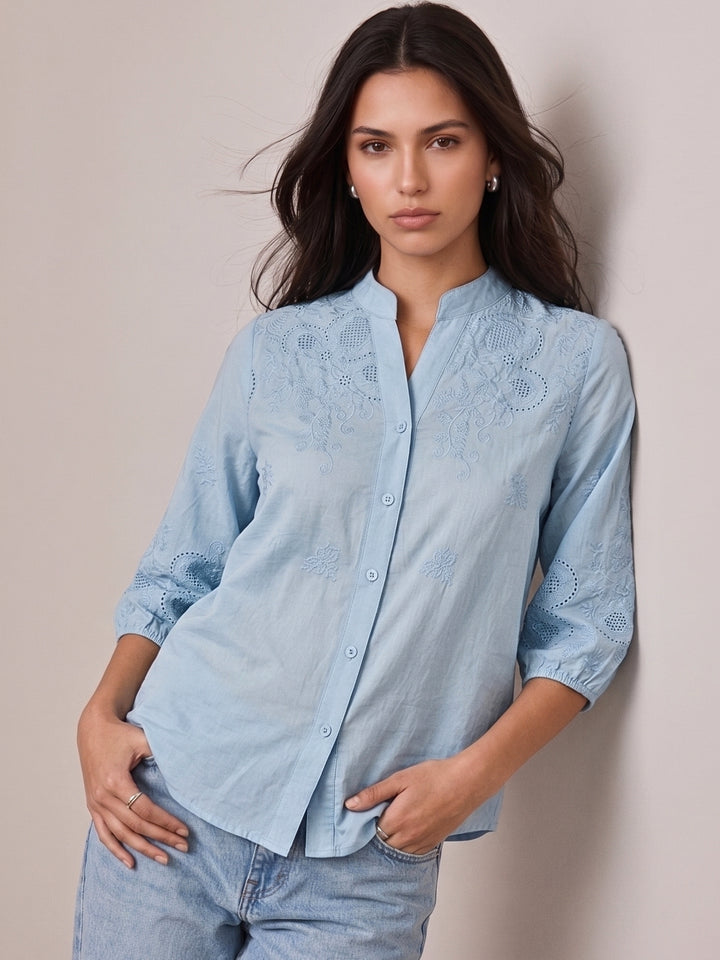Light Blue Bishop Sleeve Front Buttoned Top
