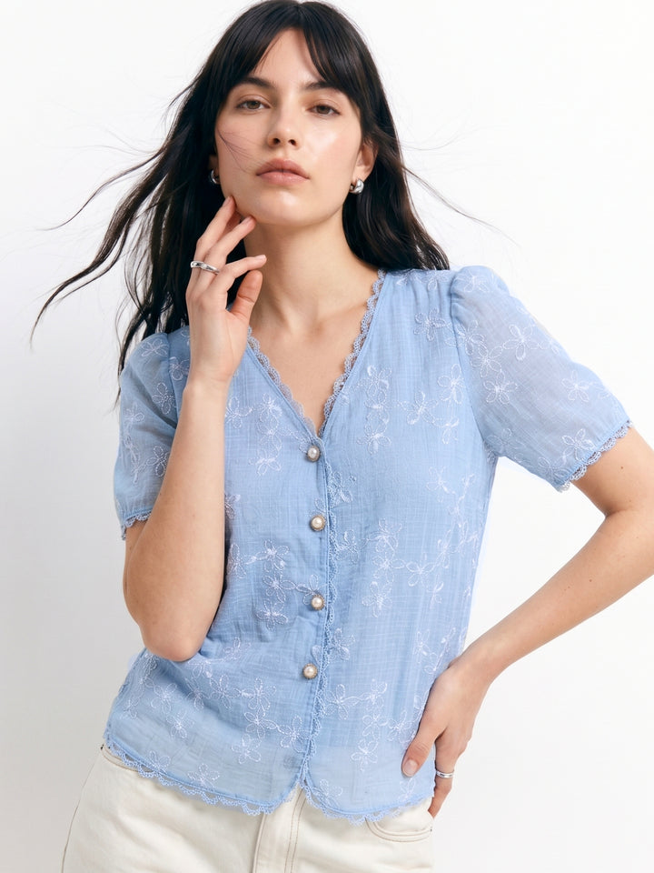 Blue Scallop Lace Neck Inserts Short Sleeve Relaxed Blouson Top