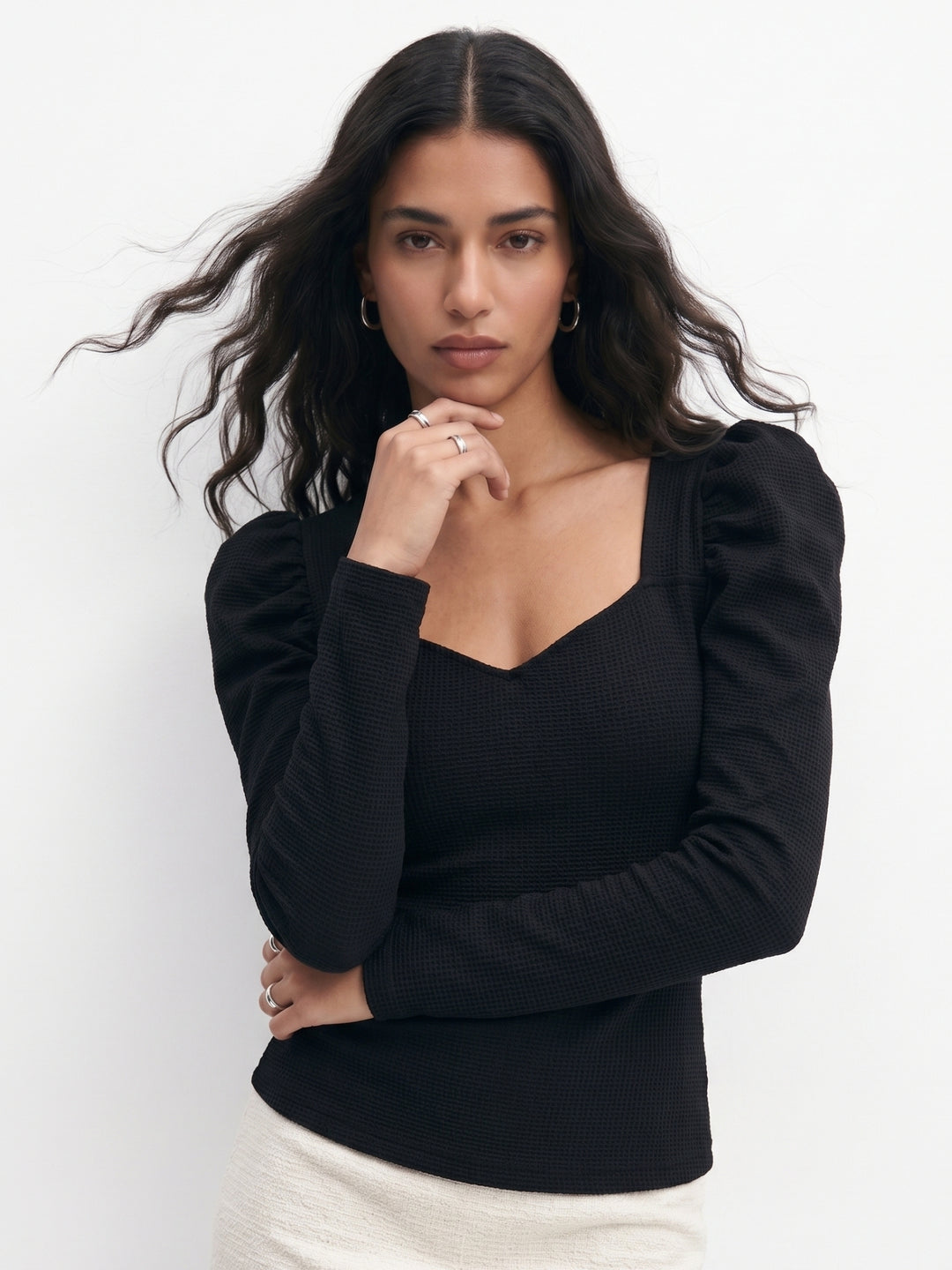 Black Puff Sleeve Fitted Top