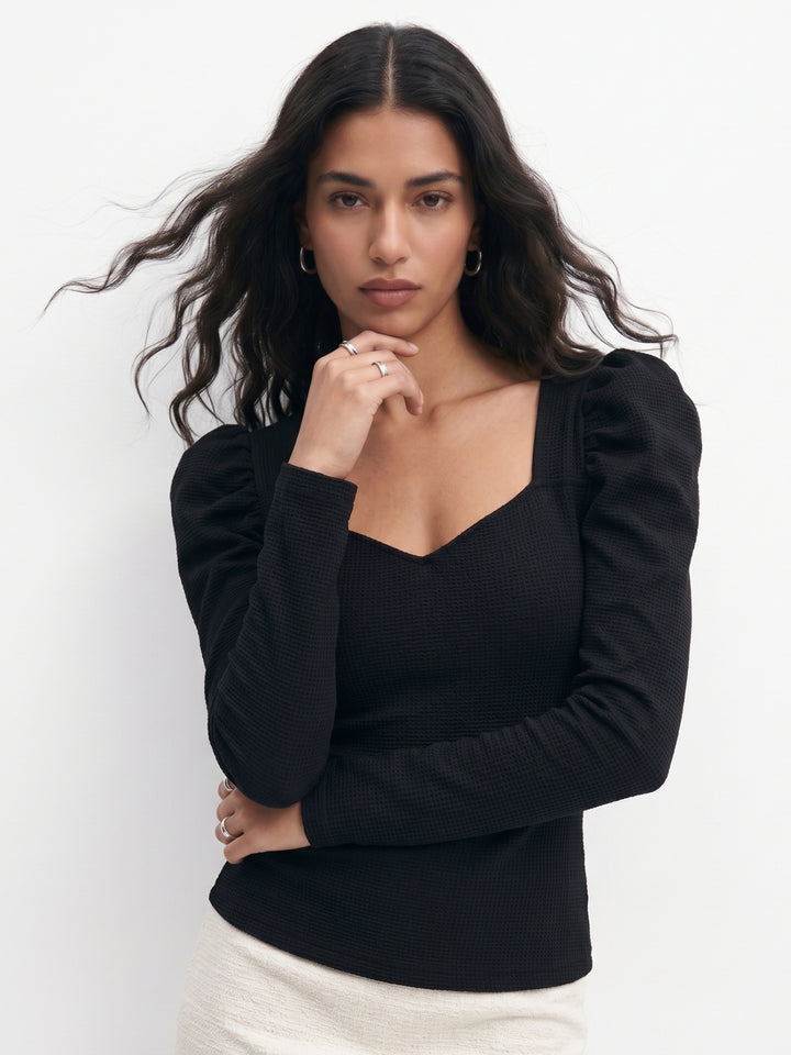 Black Puff Sleeve Fitted Top