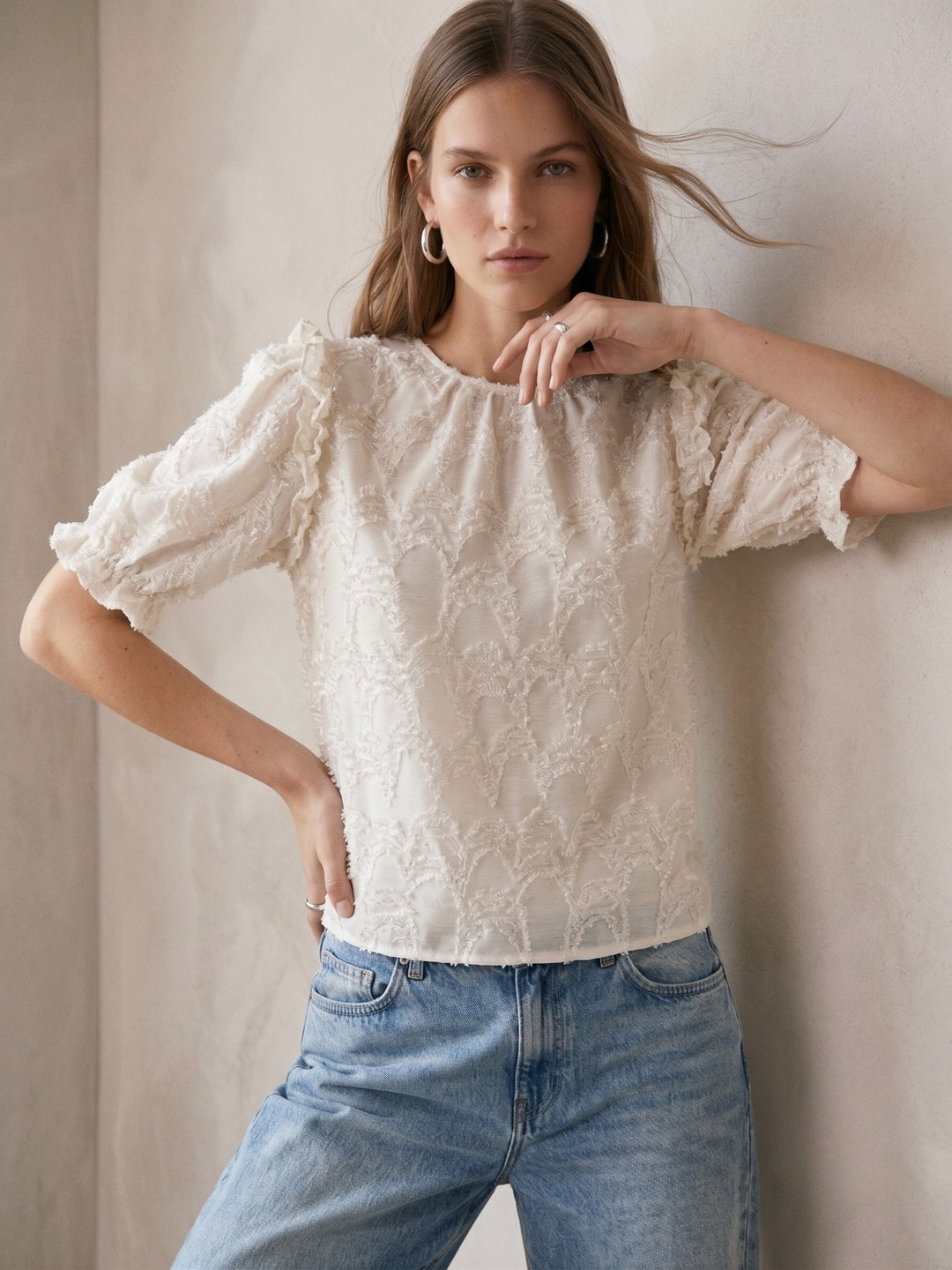 Off White Puff Sleeve Burn-Out Fabric Top