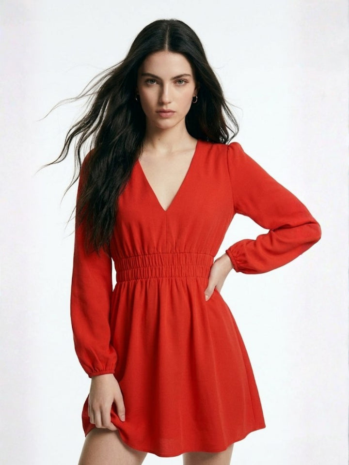 Orange Bishop Sleeve Waist Fitted Skater Dress