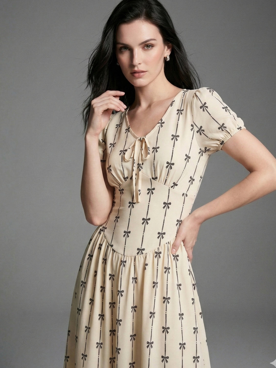 Cream Short Sleeve V Neck Corset Dress