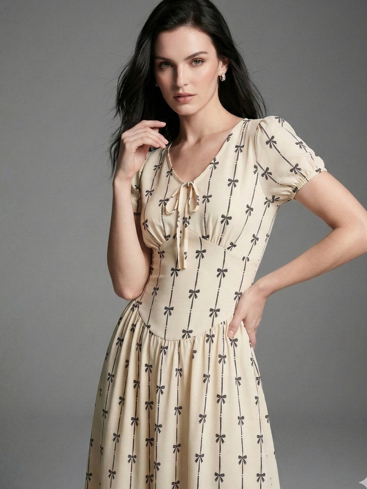 Cream Short Sleeve V Neck Corset Dress