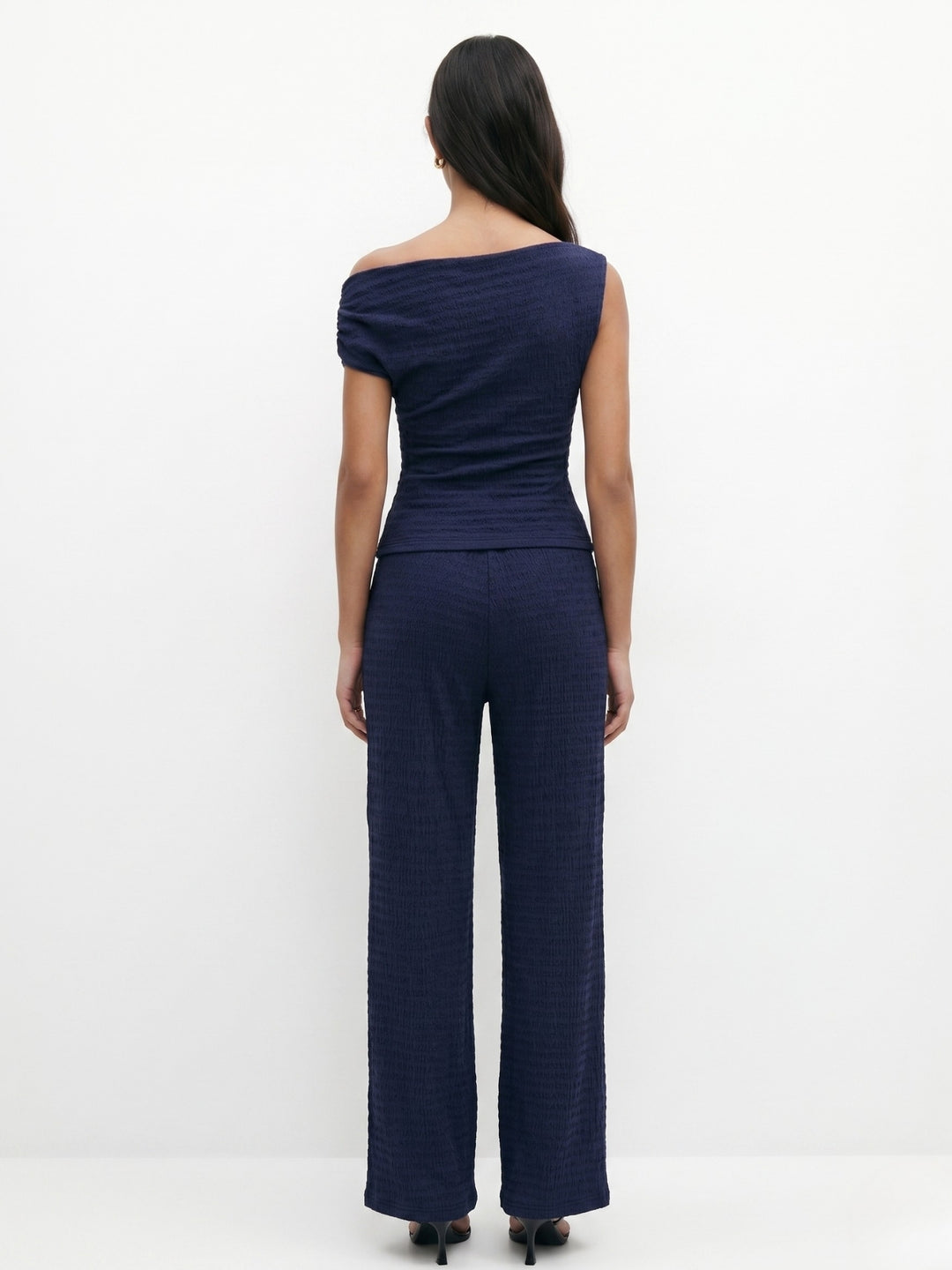 Navy Blue One Shoulder Top And Pant Set