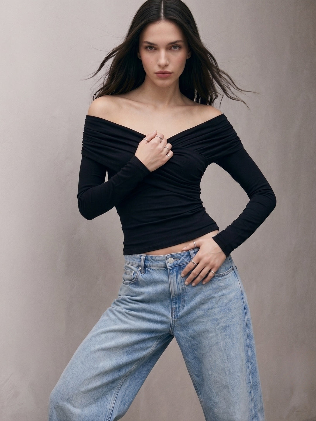 Black Cross Front Off Shoulder Fitted Top