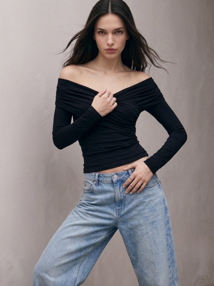 Black Cross Front Off Shoulder Fitted Top