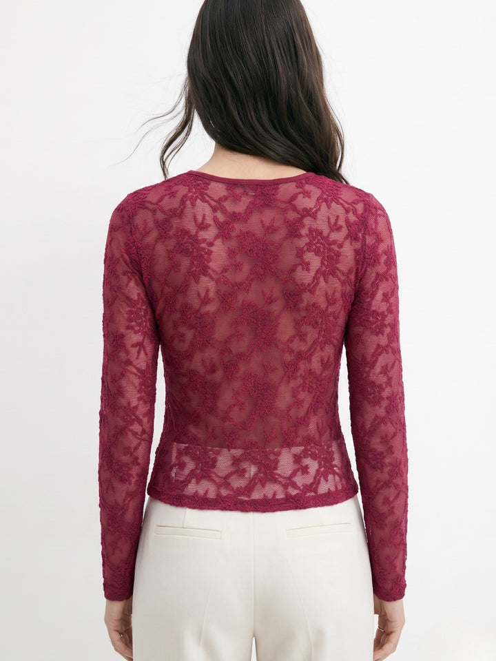 Maroon Full Sleeve V Neck Lace Top