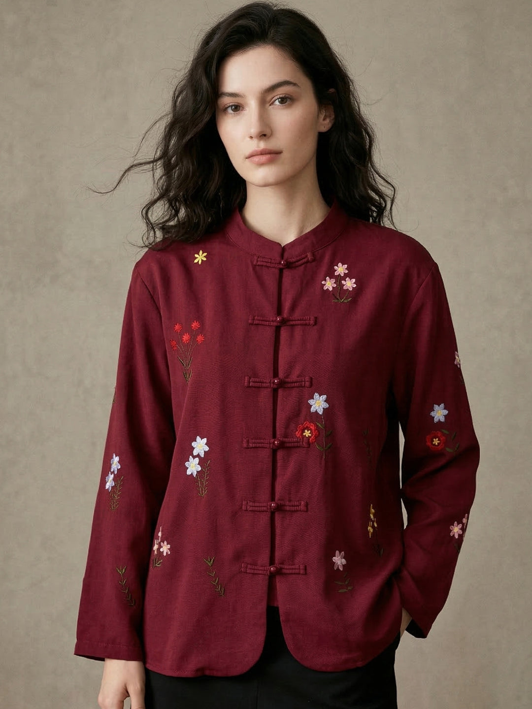 Maroon Embroidered Button Up Shity