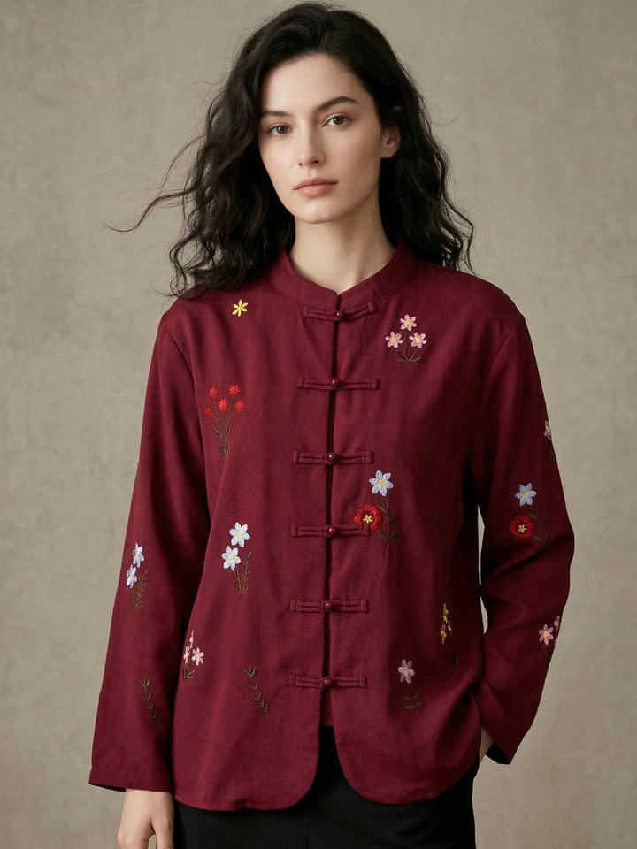 Maroon Embroidered Button Up Shity