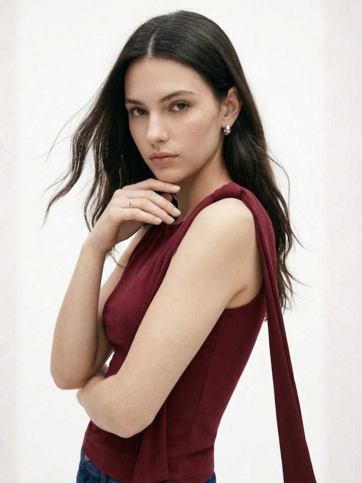 Maroon One Shoulder Tie Up Fitted Top