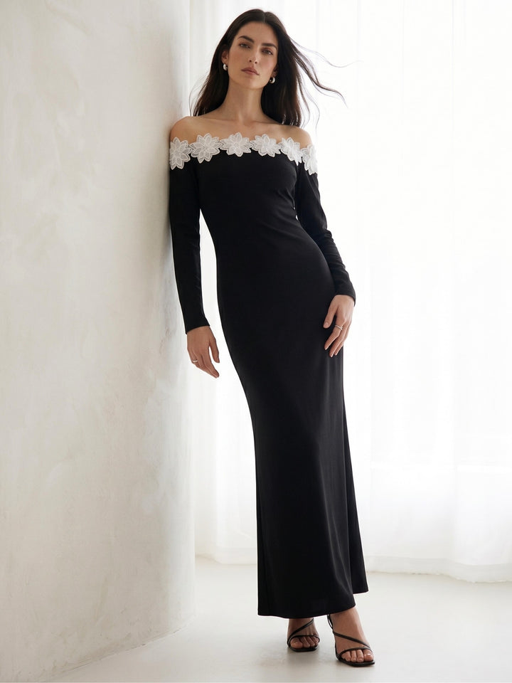 Black Off-Shoulder Fitted Dress With Neck Floral Lace Detail