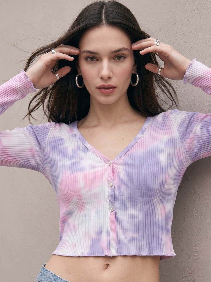 Pink Tie Die Full Sleeve Front Button Top