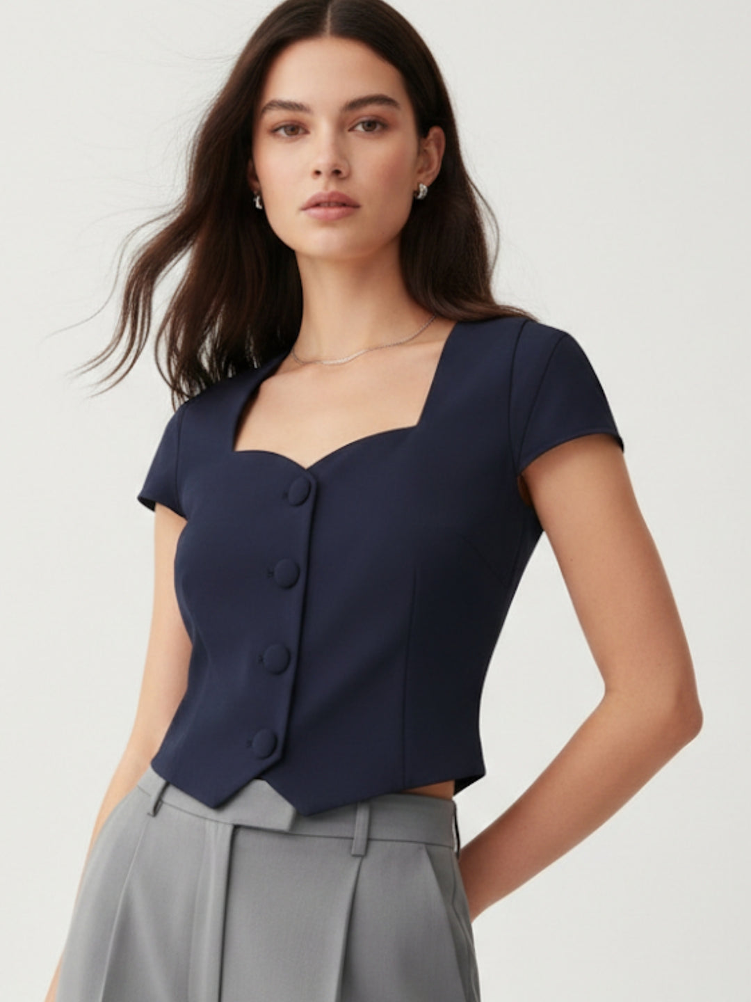 Blue Front Button Top