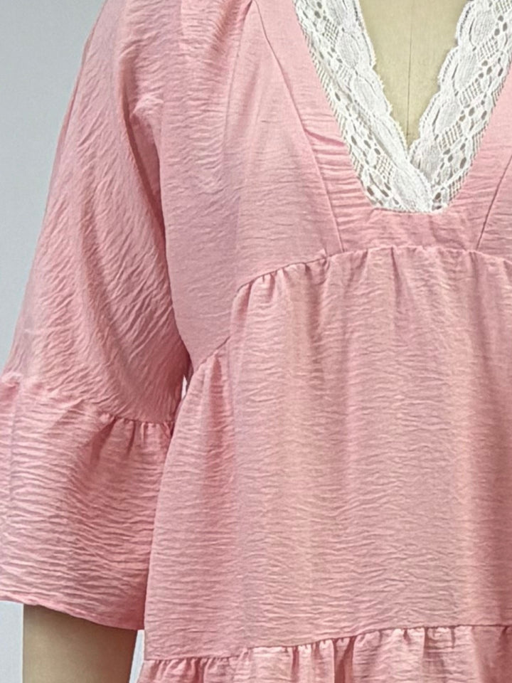 Pink Mini Tiered Dress With Lace Inserts At Neck