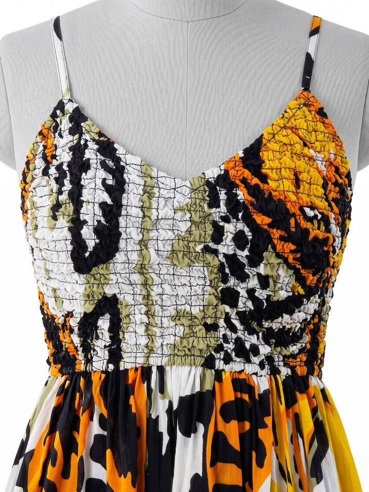 Multi Printed A-Line Silhouette With A Diamond Smocked Upper Bodice And Flowy Skirt