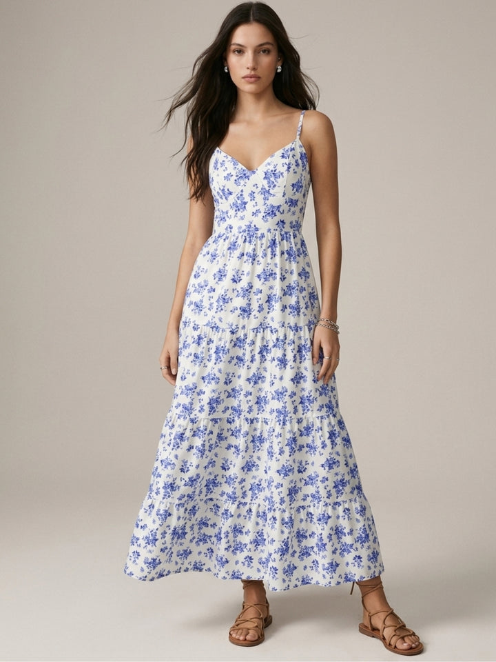 Blue Spaghetti Strap Tiered Floral Dress