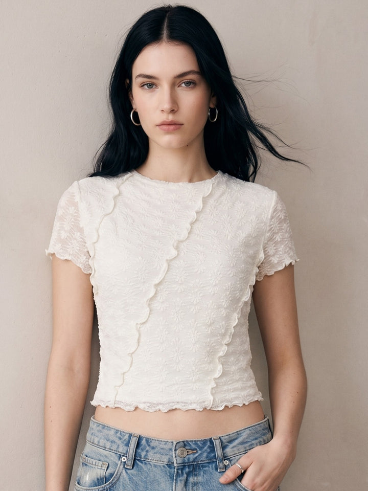 White Textured High Neck Top With Lettuce Hem