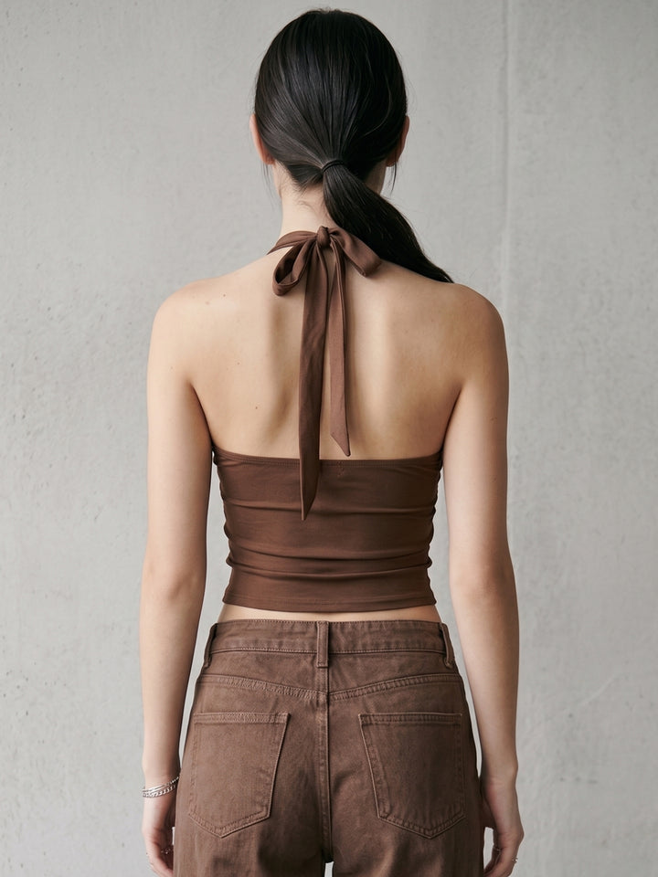 Brown Halter Neck Scoop Neck Tank