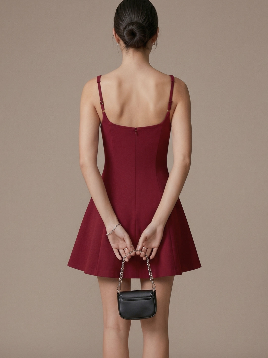 Burgundy Shoulder Strap Flared Dress