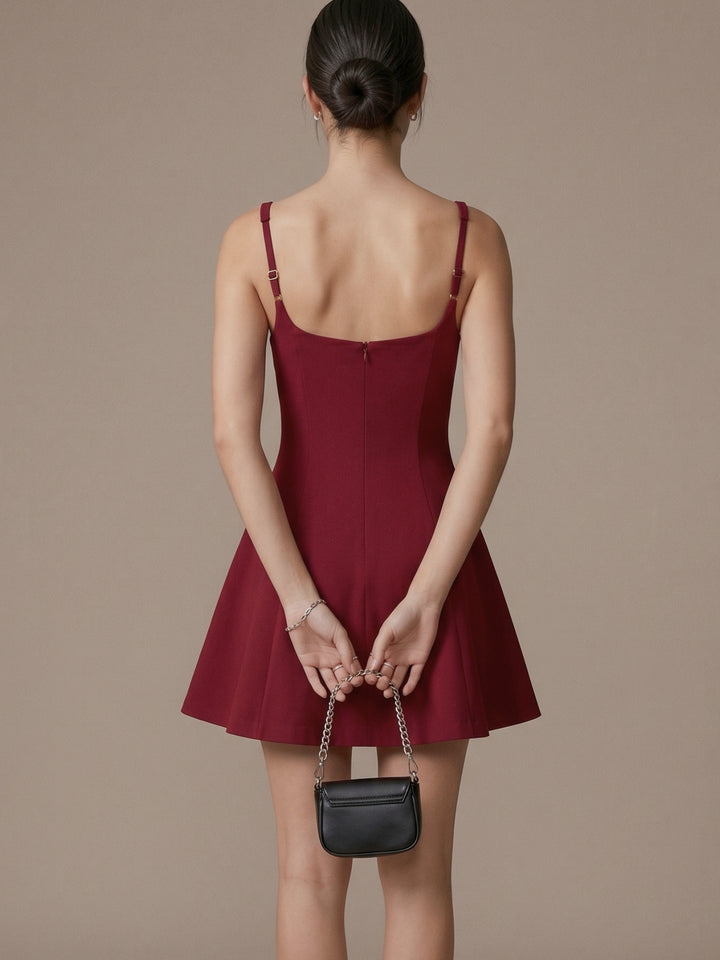 Burgundy Shoulder Strap Flared Dress
