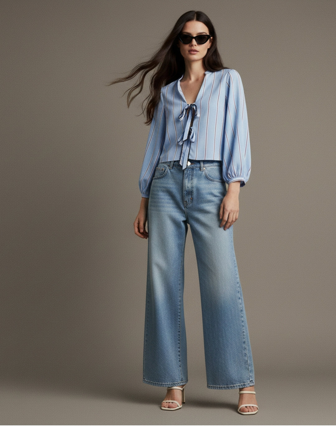 Blue Bishop Sleeve Tie-Up Top