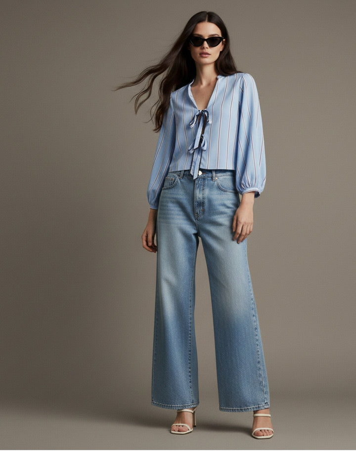 Blue Bishop Sleeve Tie-Up Top