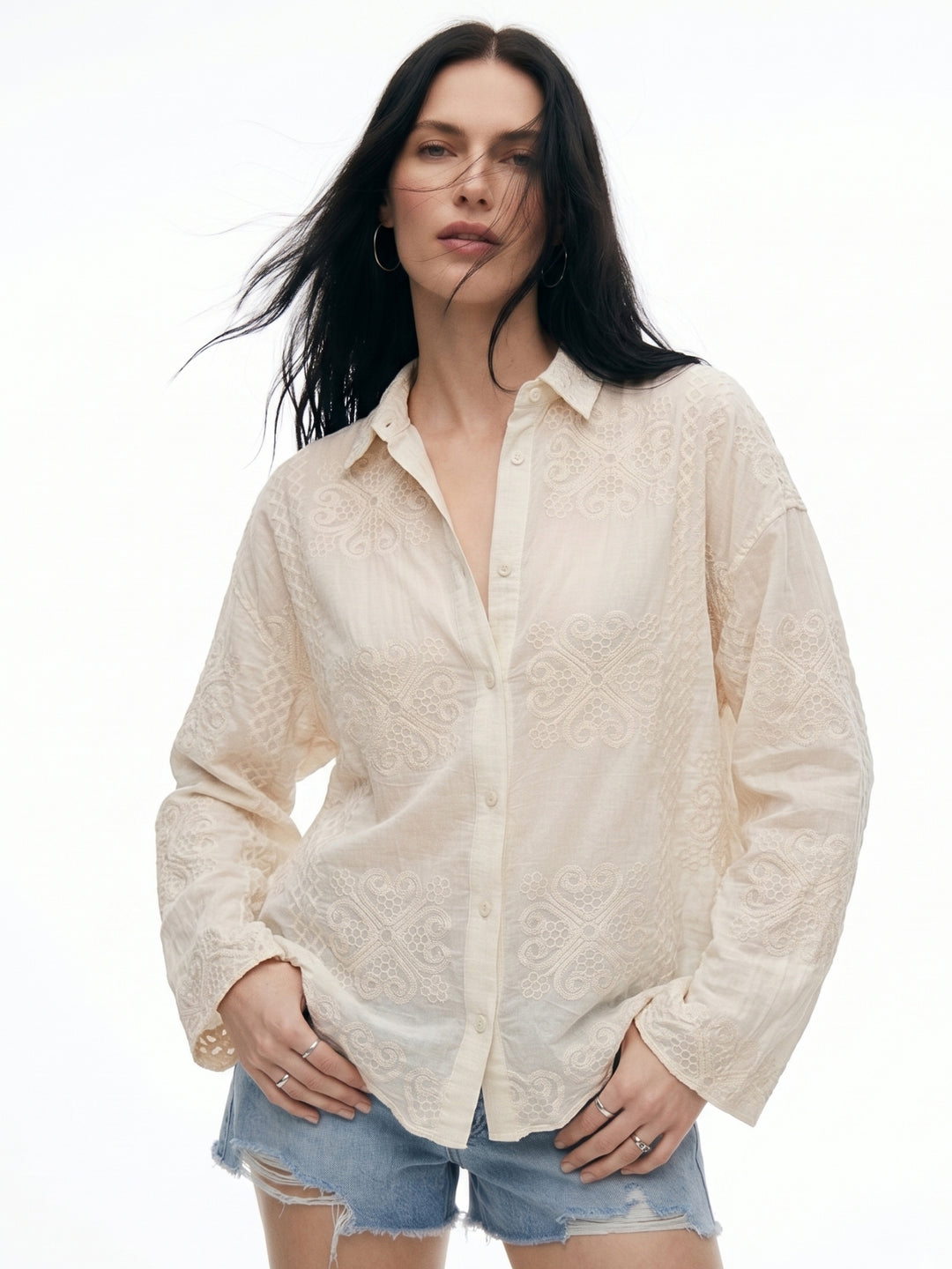 White Full Sleeve Scallop Hem Collared Semi Sheer Embroidered Shirts
