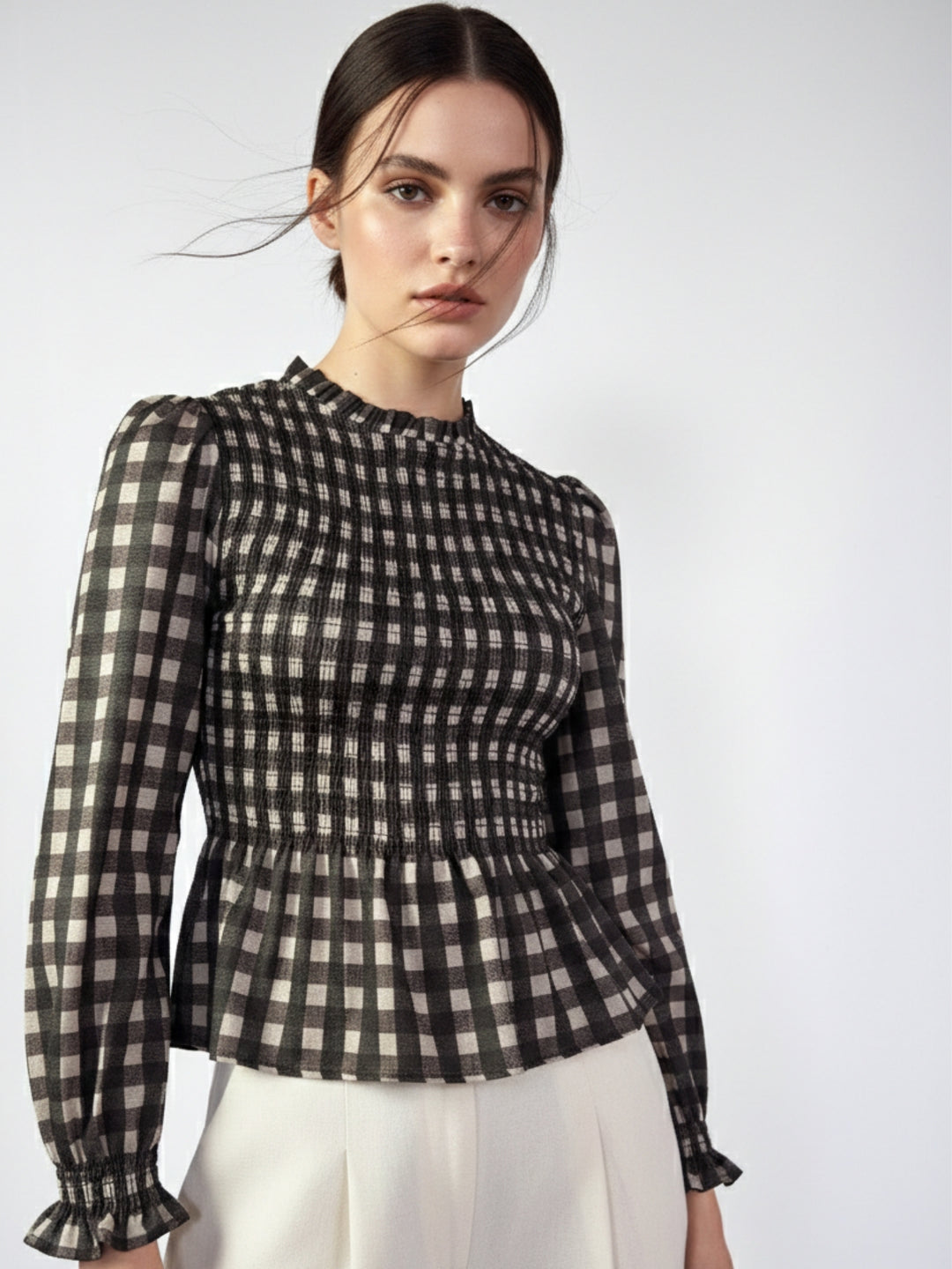Black Smocked Bodice Checkered Top