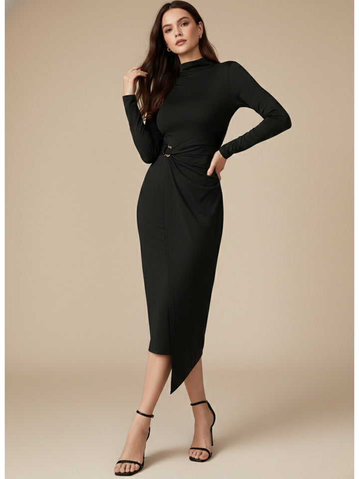 Black High Neck Fitted Midi With Buckle Trim Detail