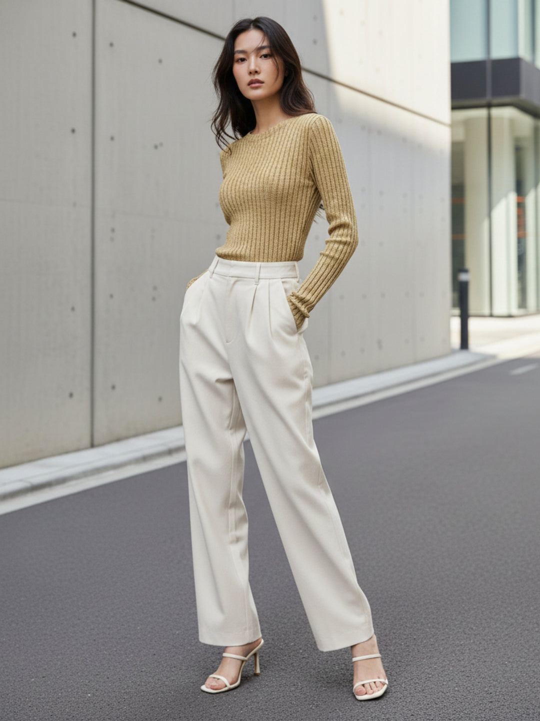 Tan Full Sleeve Crew Neck Fitted Top