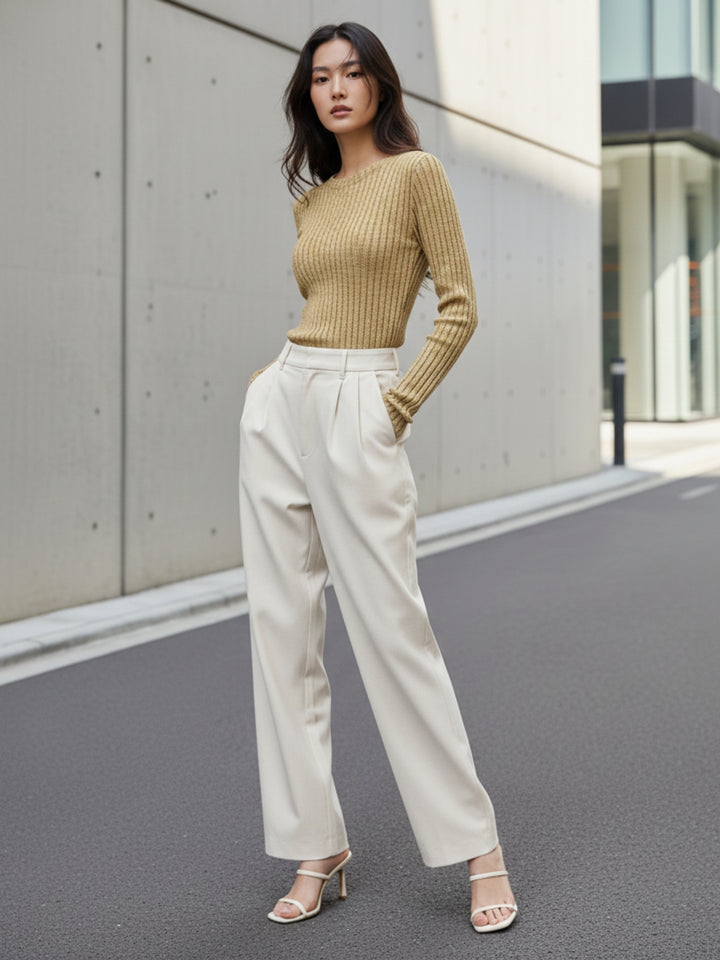 Tan Full Sleeve Crew Neck Fitted Top