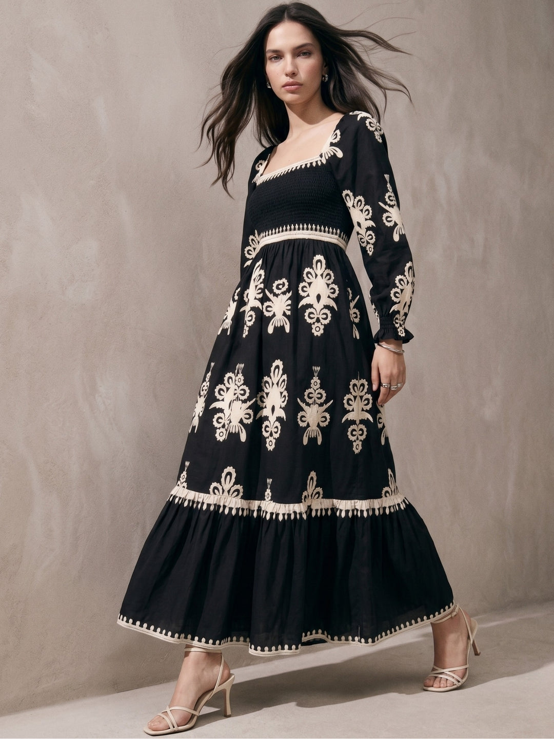 Black Bishop Sleeve Square Neck Printed Dress