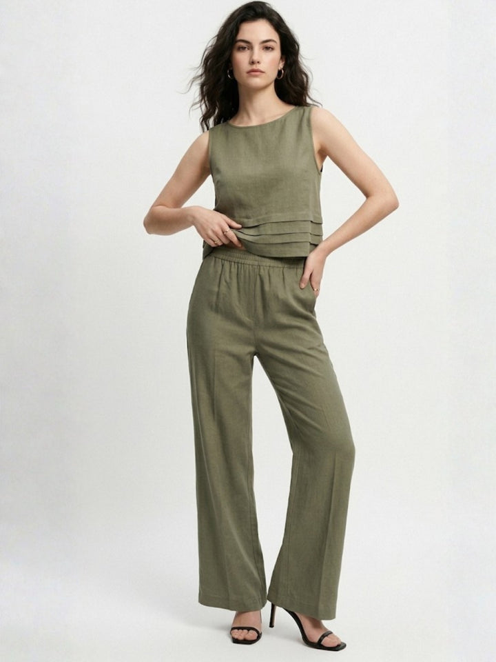 Olive Sleeveless Relaxed Top And Trousers Co-Ord Set