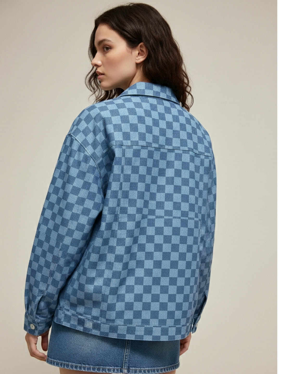 Blue Tonal Checkered Oversized Jacket