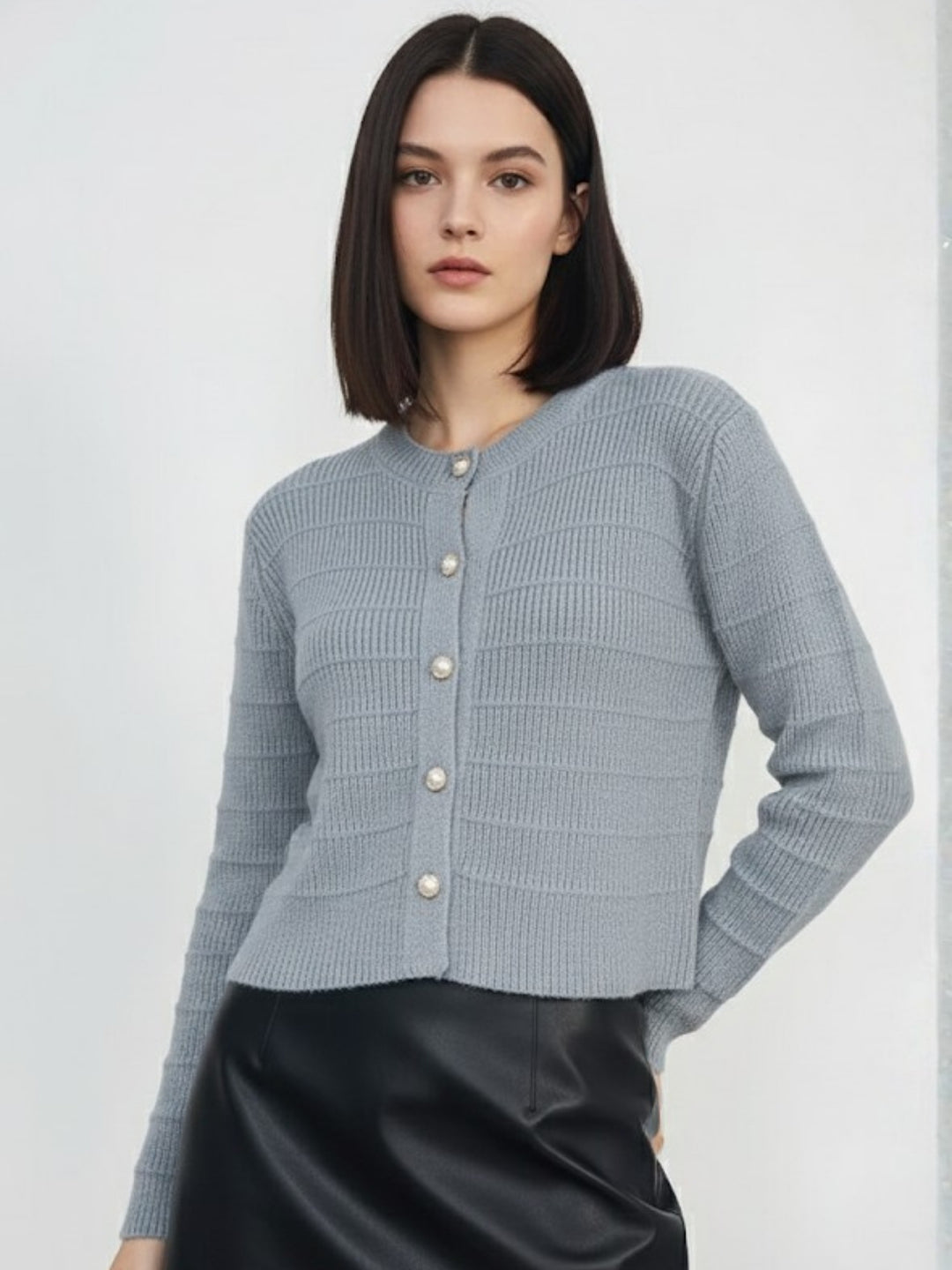 Grey Full Sleeve Textured Front Button Cardigan