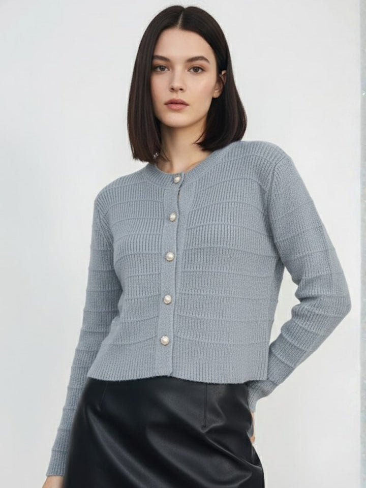 Grey Full Sleeve Textured Front Button Cardigan