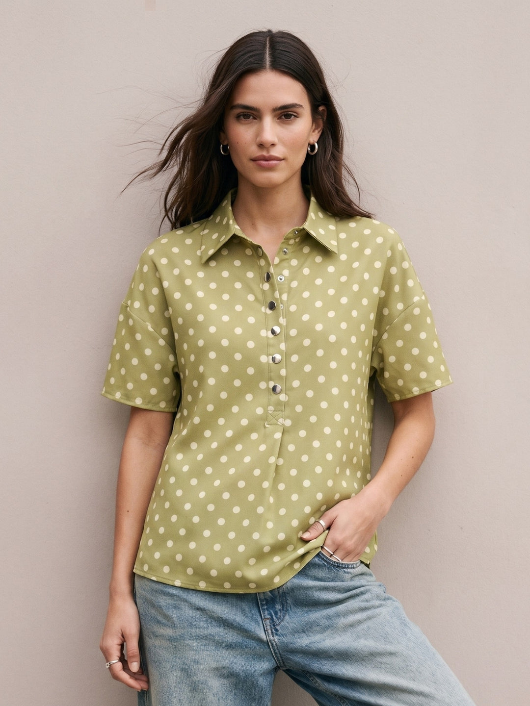 Green Polka Dotted Relaxed Shirt