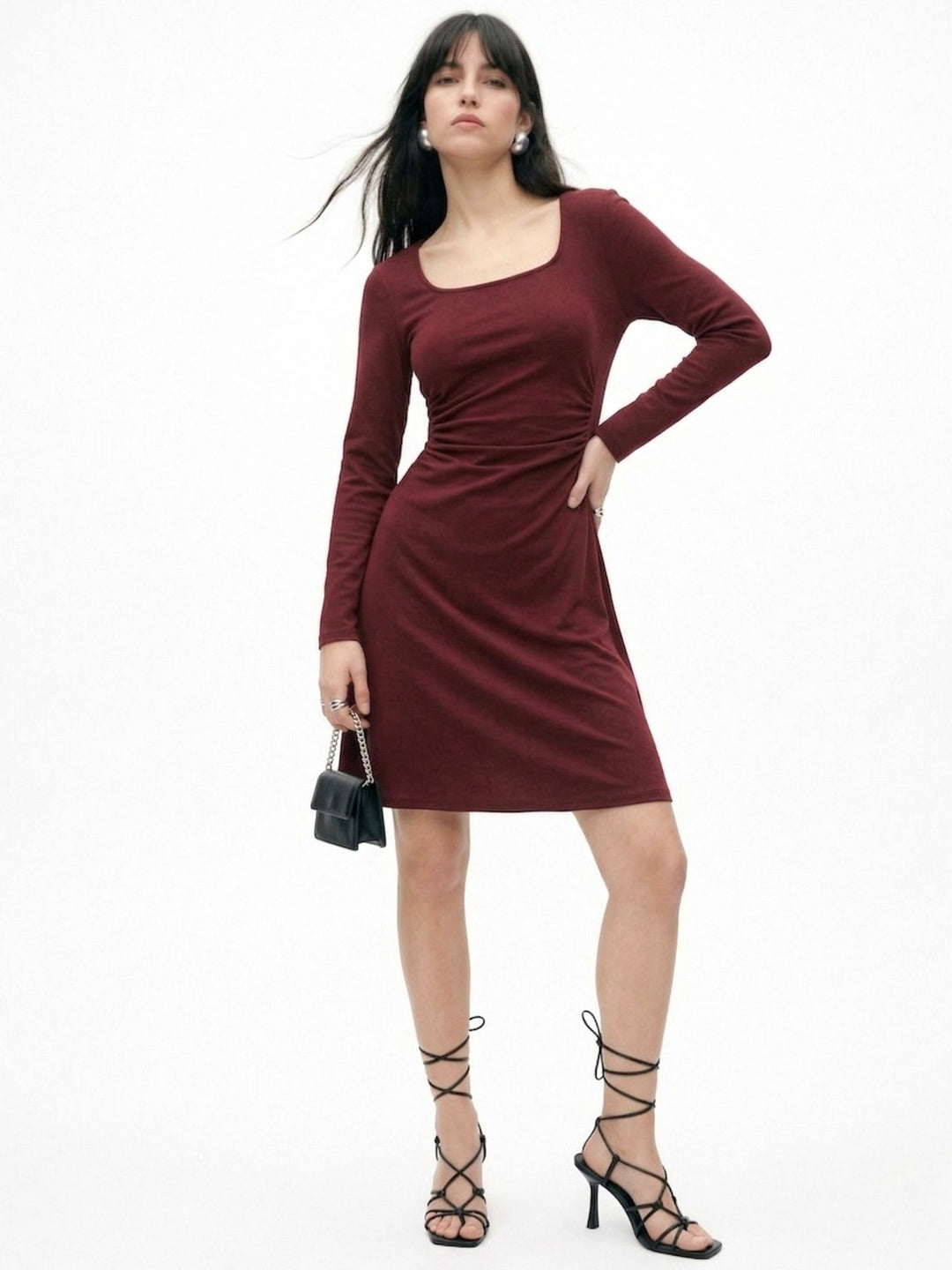 Wine Full Sleeve Round Neck Dress