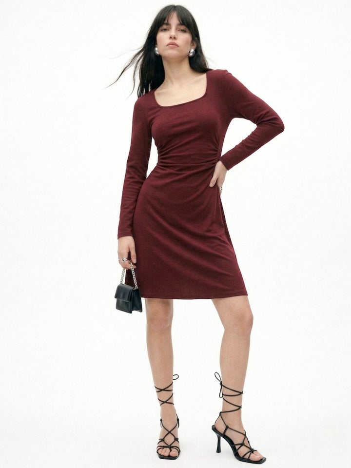 Wine Full Sleeve Round Neck Dress