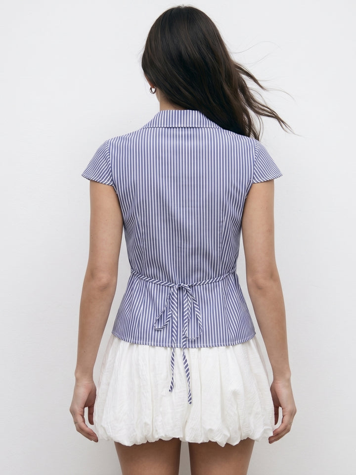Blue Short Sleeve Collared Neck Front Buttoned Top