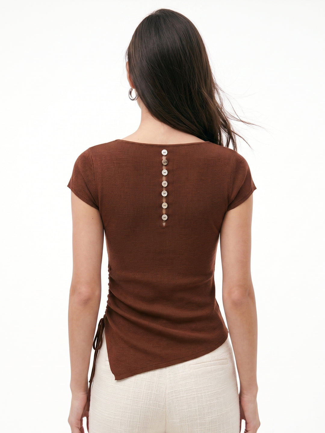 Brown V Neck Top With Side Ruching