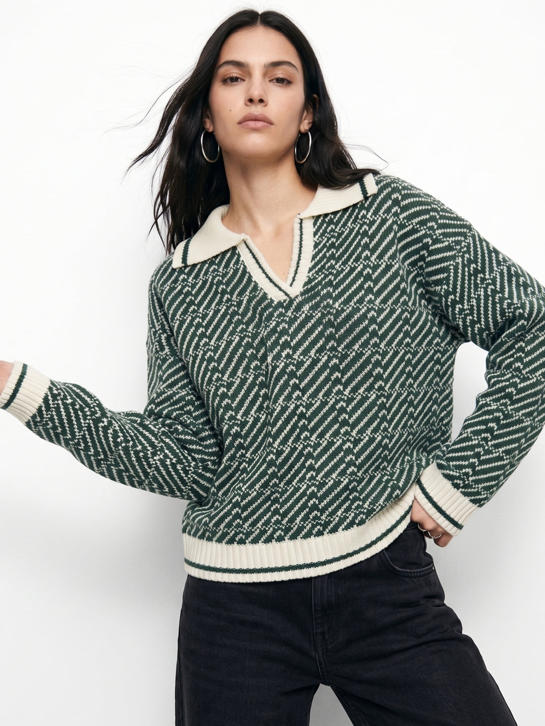Green Geometric Jacquard Polo Sweater