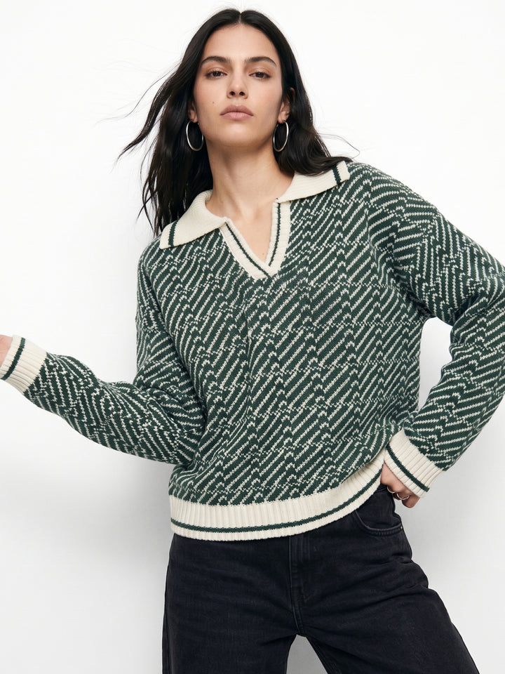 Green Geometric Jacquard Polo Sweater