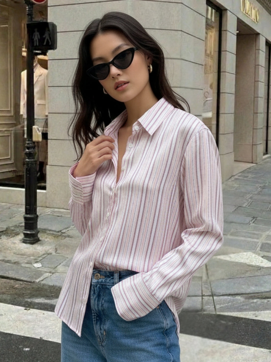 Pink Full Sleeve Fitted Striped Shirt