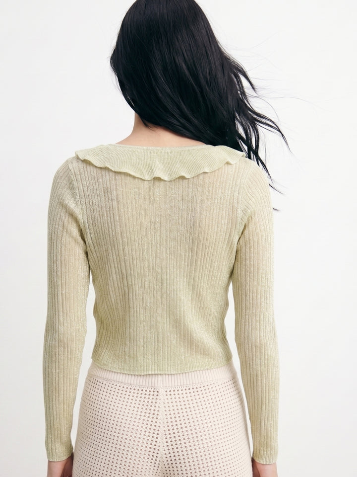 Green Full Sleeve Ruffle Neckline Textured Top