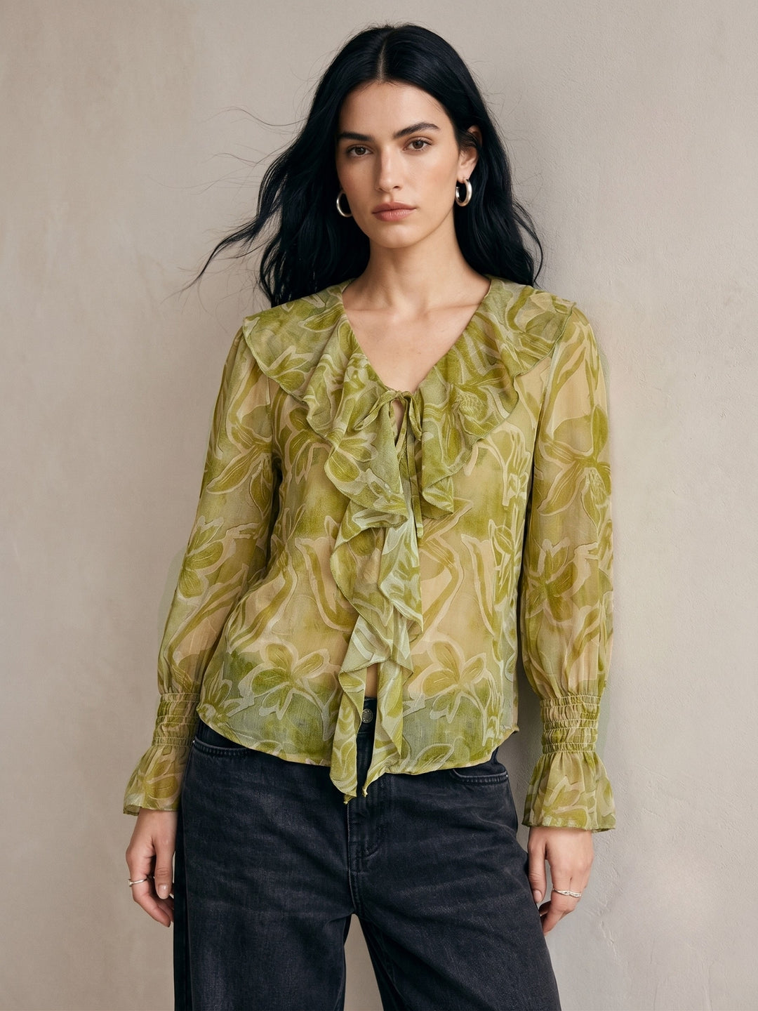 Green V Neck Printed Neck Tie Up Ruffled Blouse